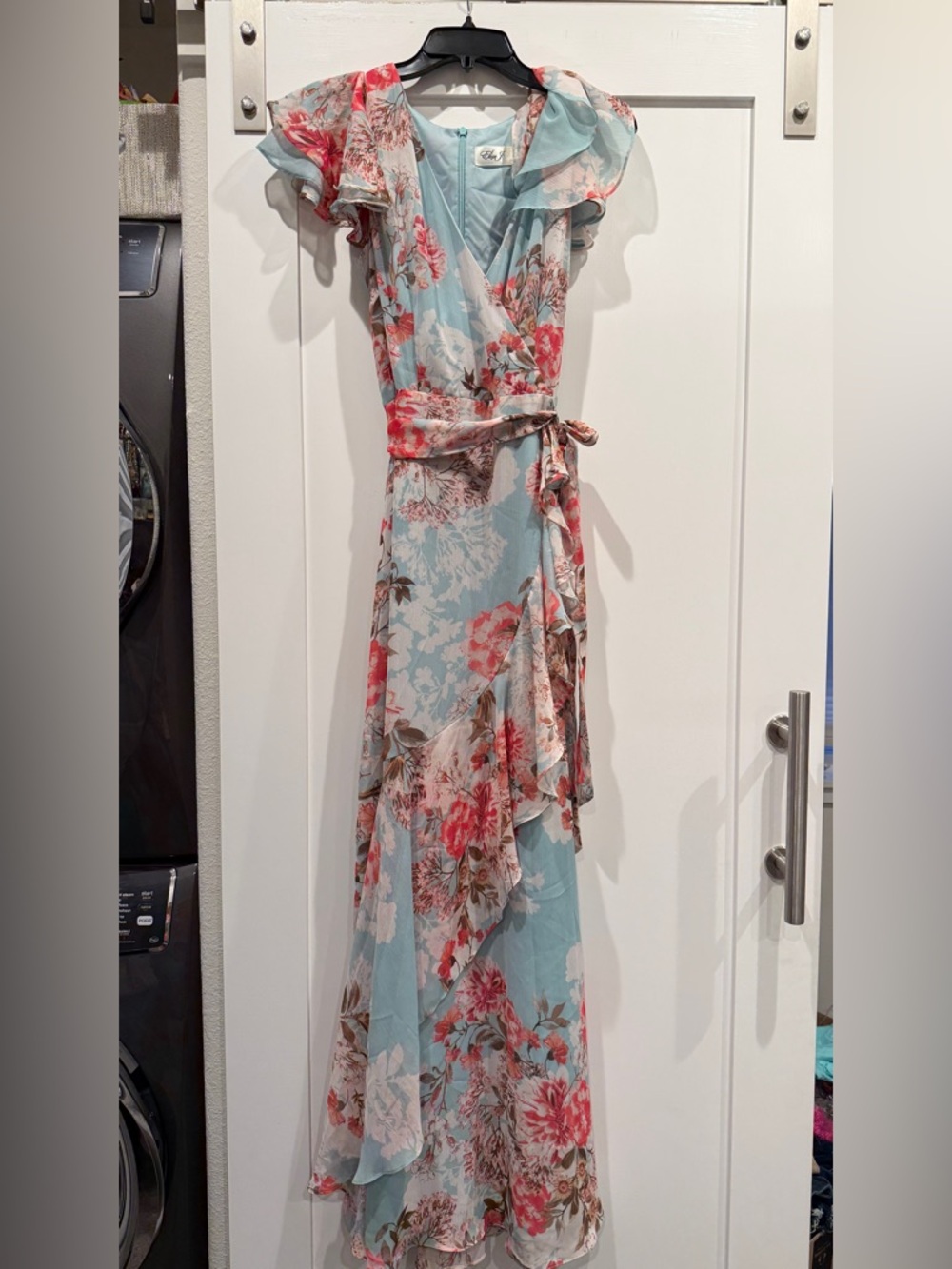 Eliza J Light Blue Floral Wrap Maxi Dress with Coral Blooms